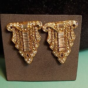 Vintage Gold Tone Metal Geometric Baguette Art Deco Earrings
